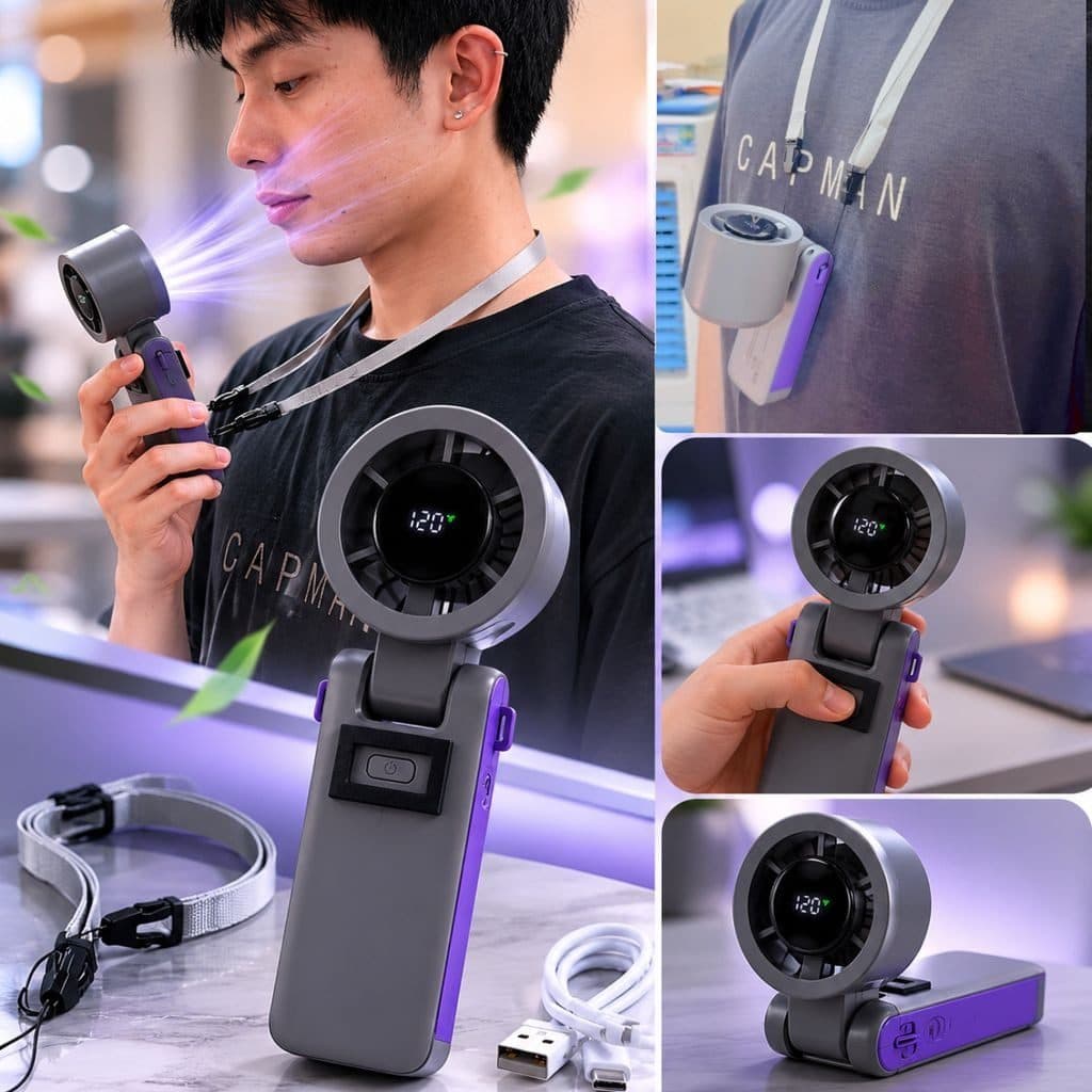 QUẠT CẦM TAY TURBO F01 – ĐIỀU CHỈNH VÔ CẤP, PIN 3000mAh, GẬP GỌN, TẶNG KÈM DÂY ĐEO (màu XÁM )