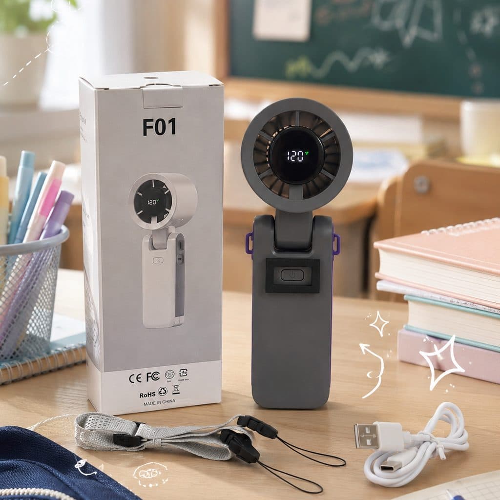 QUẠT CẦM TAY TURBO F01 – ĐIỀU CHỈNH VÔ CẤP, PIN 3000mAh, GẬP GỌN, TẶNG KÈM DÂY ĐEO (màu XÁM )