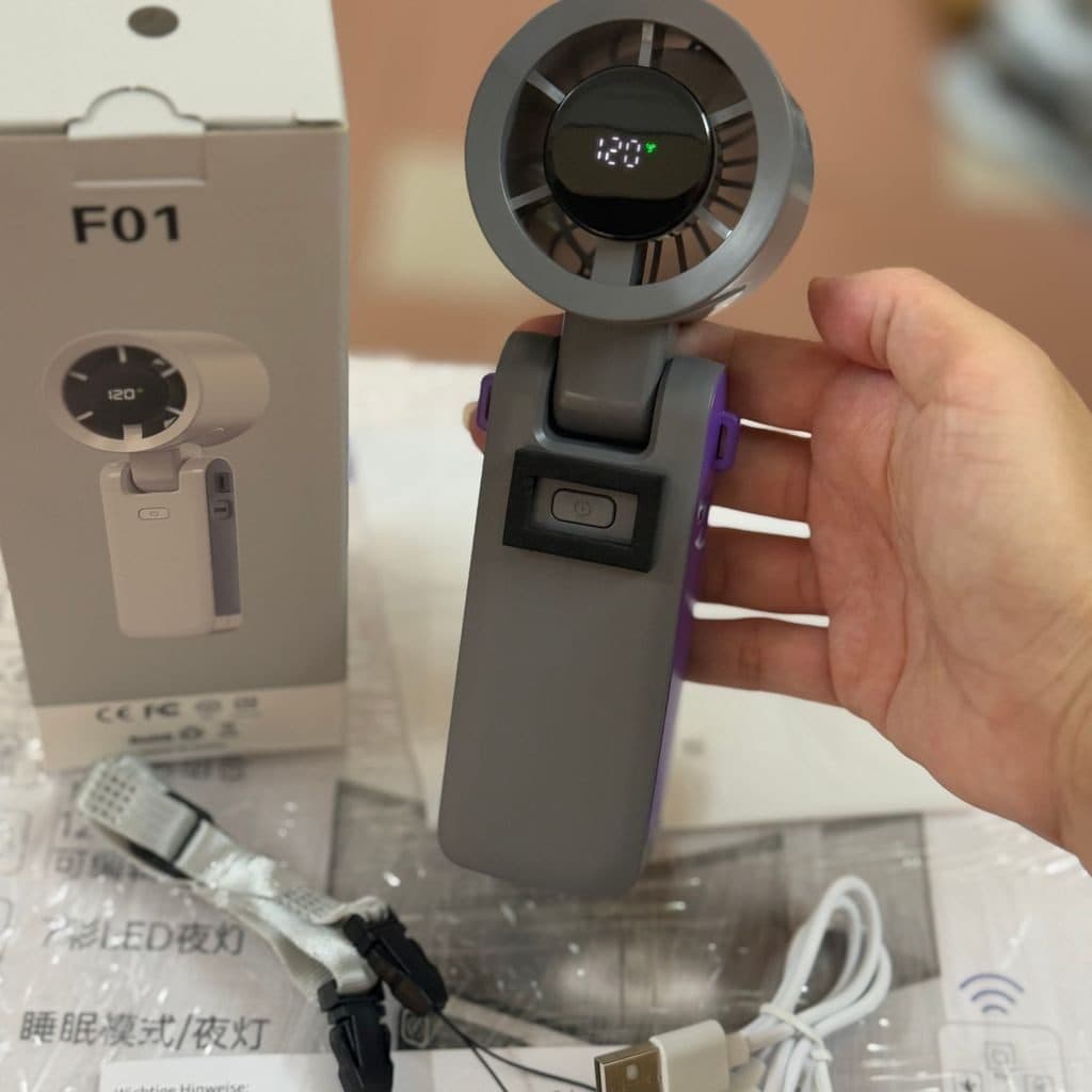 QUẠT CẦM TAY TURBO F01 – ĐIỀU CHỈNH VÔ CẤP, PIN 3000mAh, GẬP GỌN, TẶNG KÈM DÂY ĐEO (màu XÁM )