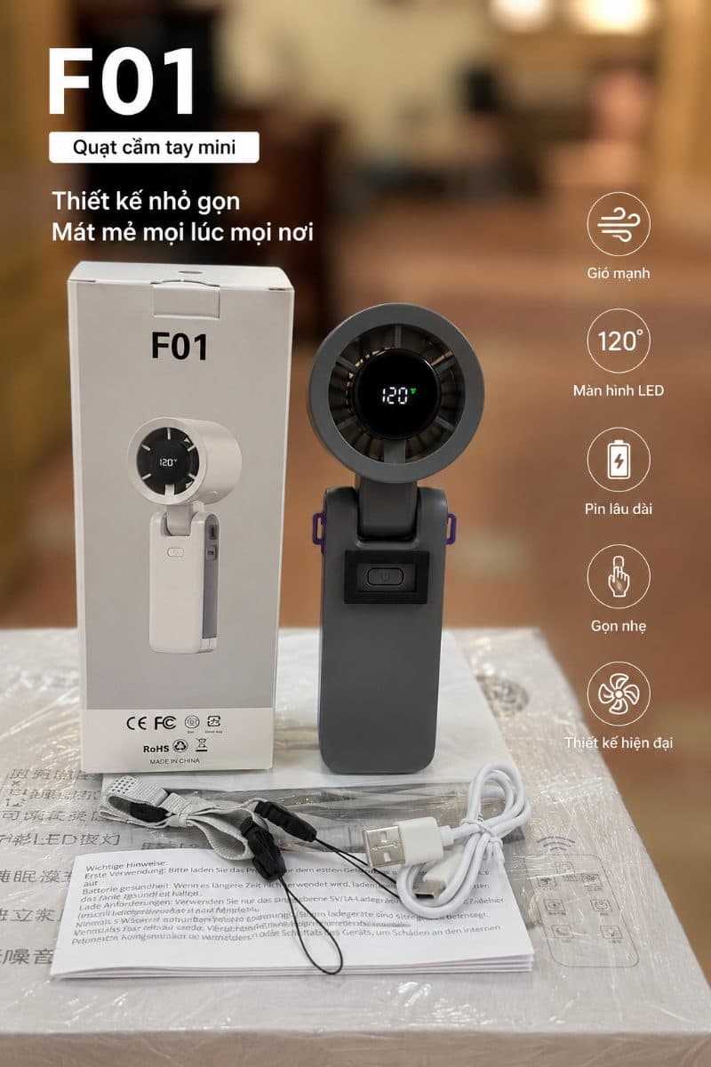 QUẠT CẦM TAY TURBO F01 – ĐIỀU CHỈNH VÔ CẤP, PIN 3000mAh, GẬP GỌN, TẶNG KÈM DÂY ĐEO (màu XÁM )