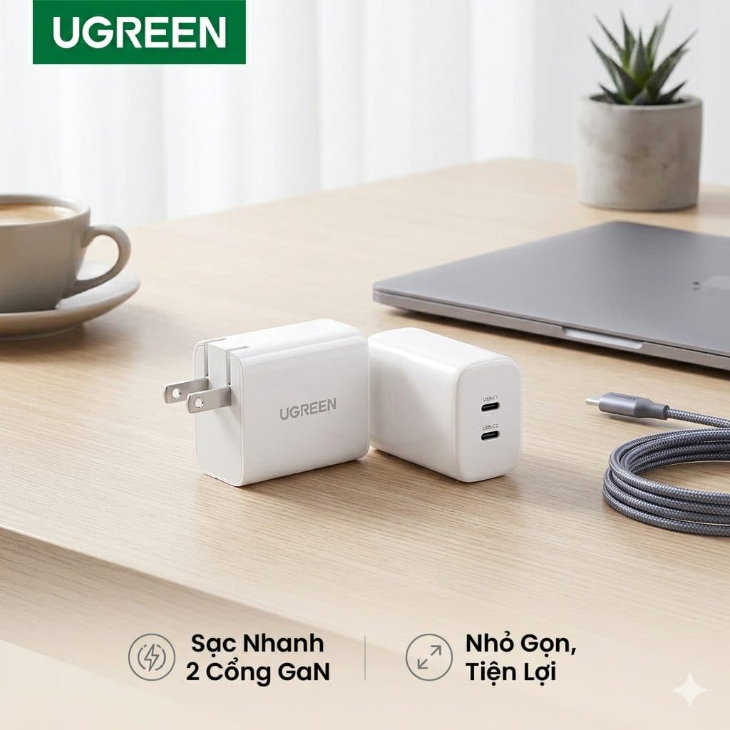 Củ sạc nhanh 45W UGREEN 2 cổng USB-C GaN / X338 (không hộp)