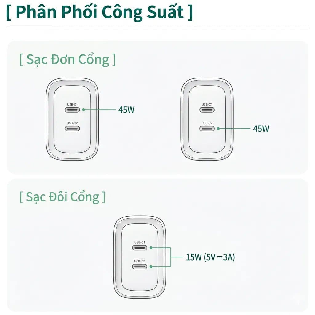 Củ sạc nhanh 45W UGREEN 2 cổng USB-C GaN / X338 (không hộp)