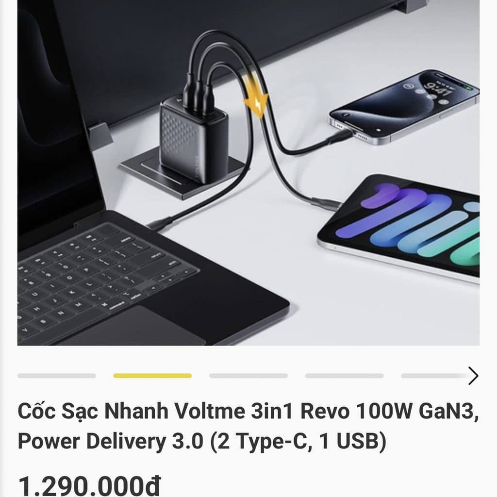⚡Củ sạc nhanh 100W VOLTME REVO 100W GaN 3, 2 cổng C + 1 cổng A ( chân tròn )⚡