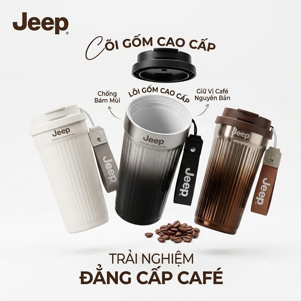 Bình / cốc giữ nhiệt cao cấp Jeep 550ml, ruột inox 316 phủ gốm Ceramic ( màu random)