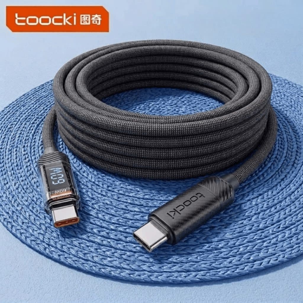 Cáp Sạc Nhanh 60W Toocki Type-C To Type-C (Dài 2m, Bọc Dù Chống Rối, Màn Hình Hiển Thị Công Suất)