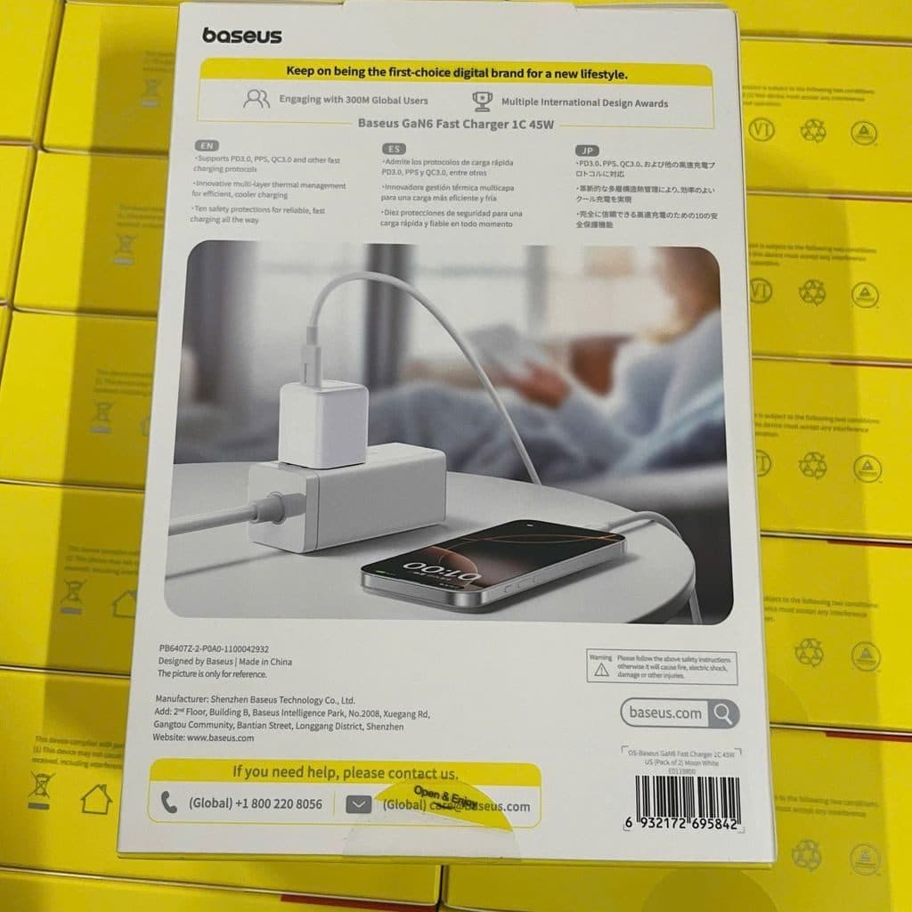Bộ 2 củ + 2 cáp Type-C sạc nhanh Baseus GaN6 45W Type-C
