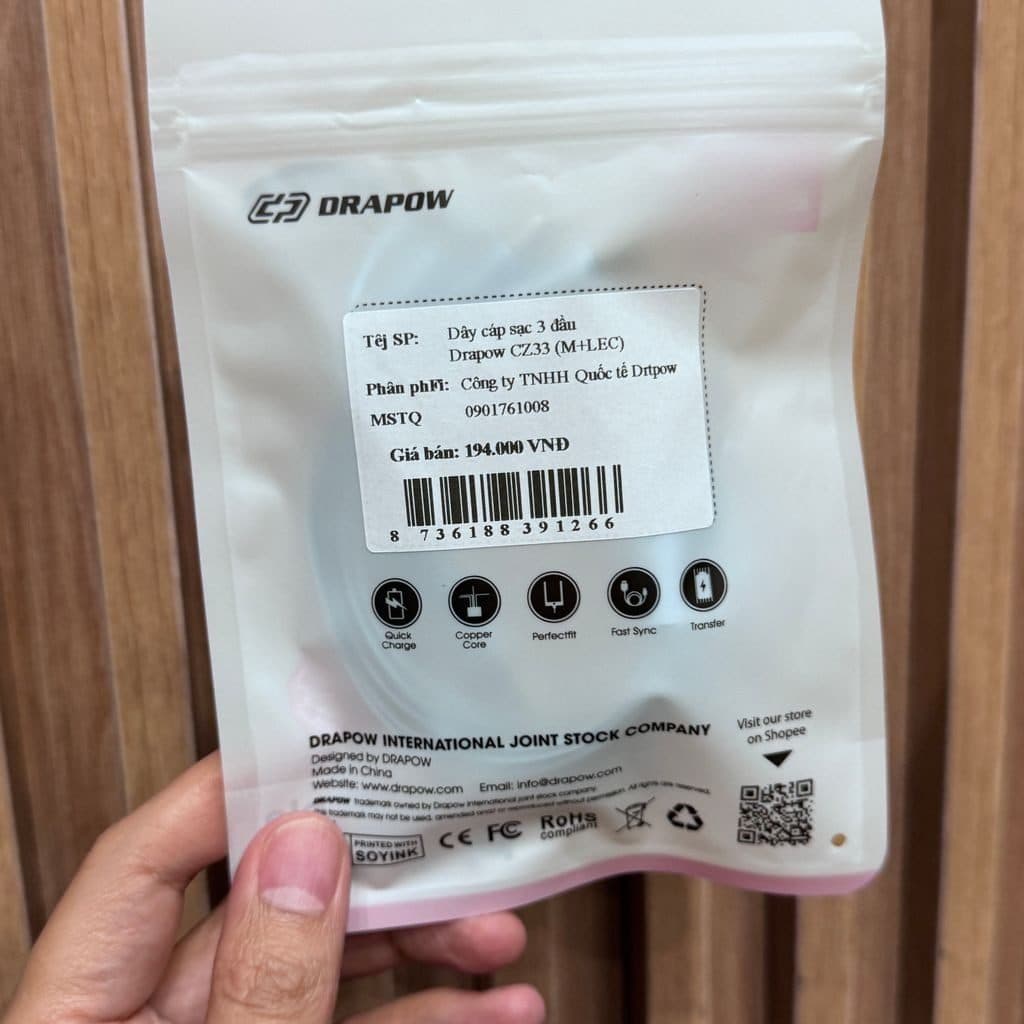 Dây cáp sạc 3 đầu DRAPOW CZ33 (L + C + M), sạc được iPhone 17