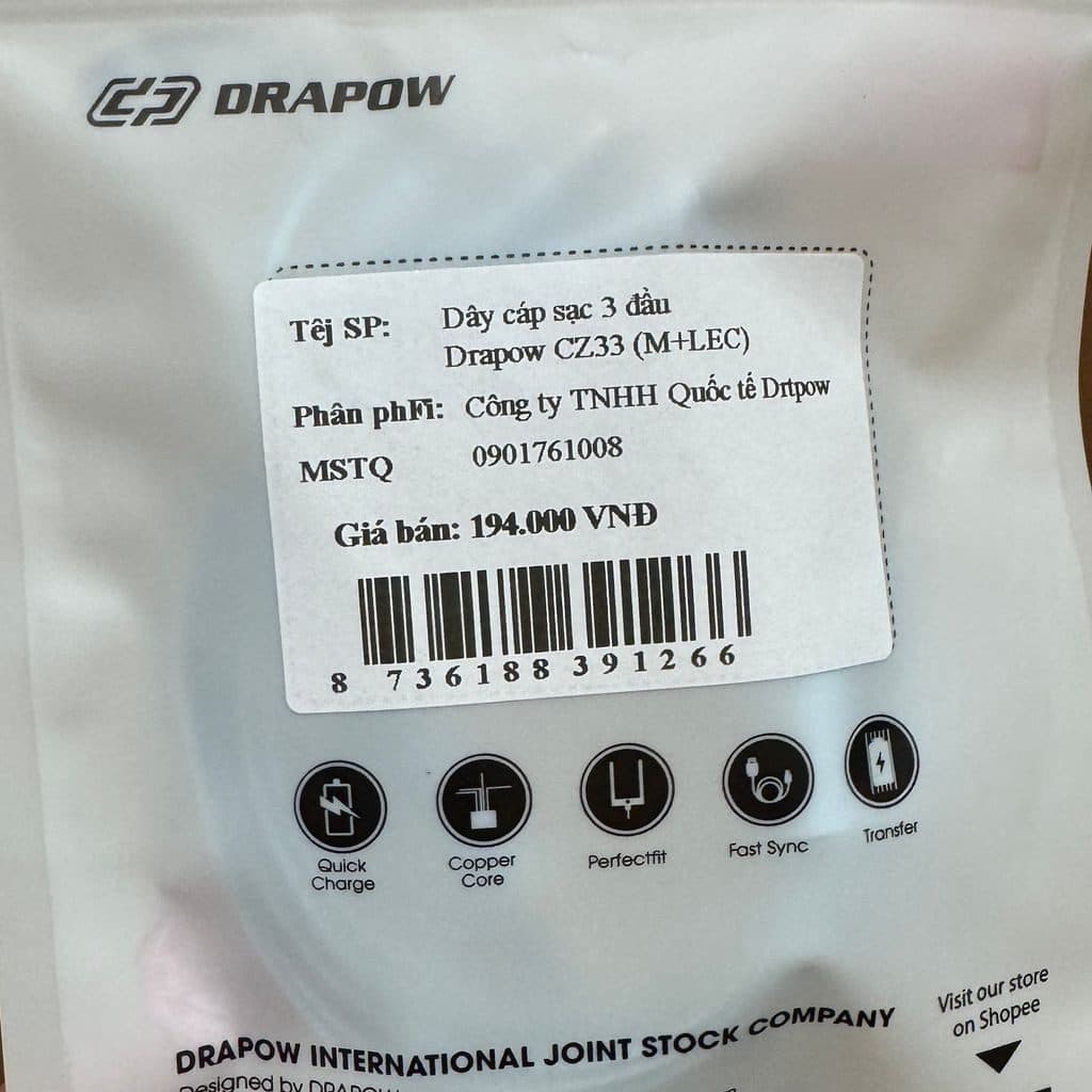 Dây cáp sạc 3 đầu DRAPOW CZ33 (L + C + M), sạc được iPhone 17