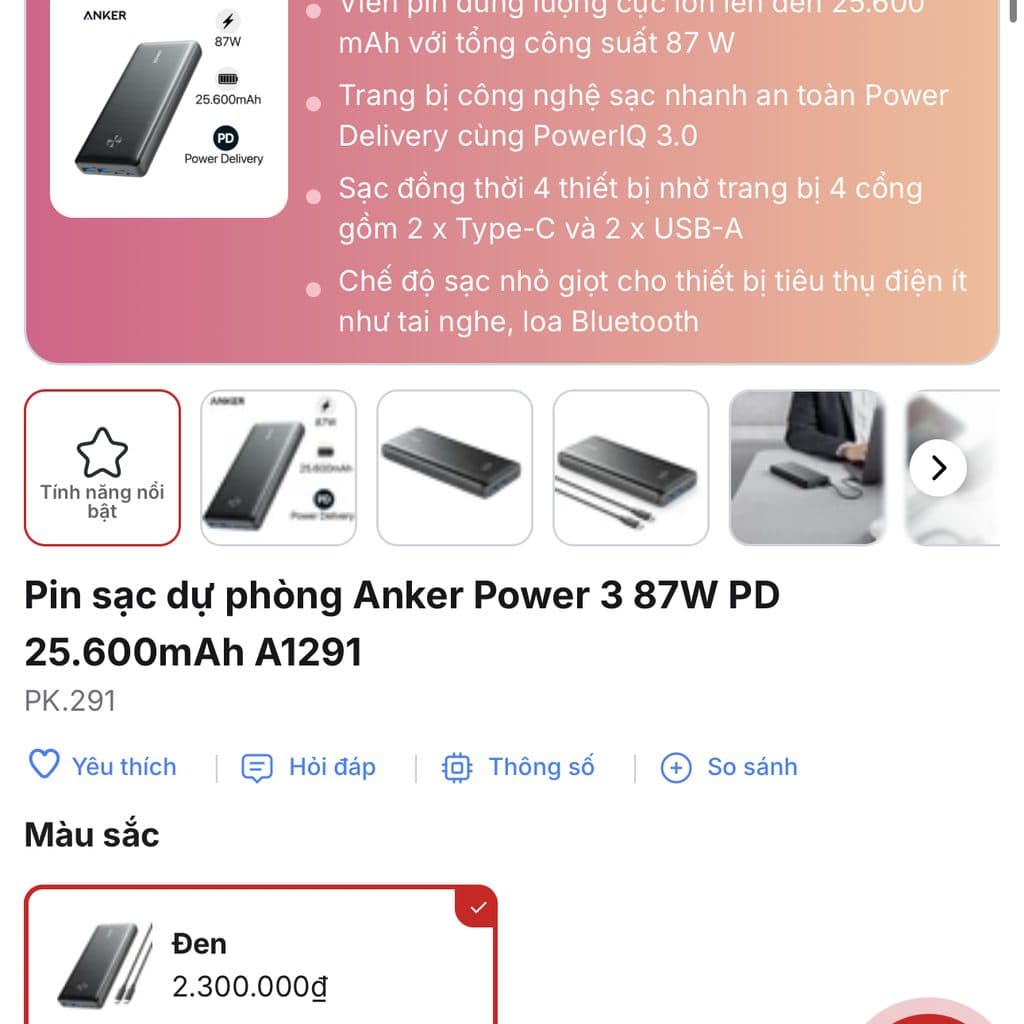 Pin dự phòng Anker 25600mAh A1291 sạc nhanh 87W - kèm củ sạc 65w + cáp C to C