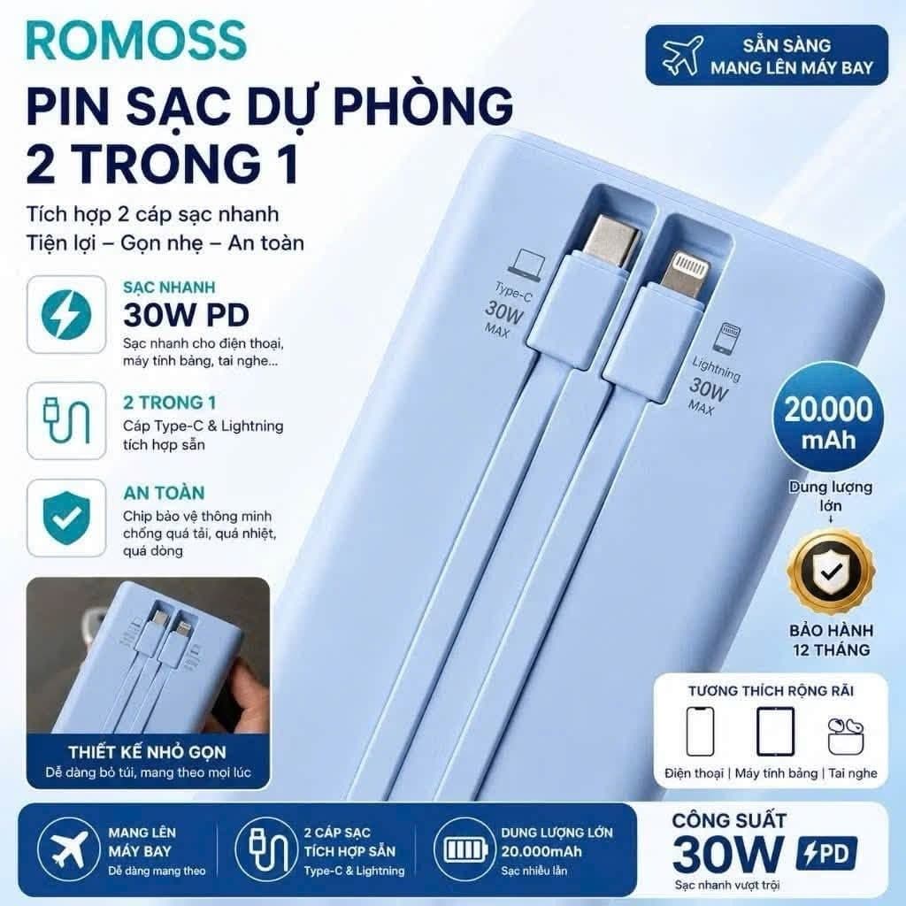 Sạc Dự Phòng Romoss 20.000mAh - Sạc nhanh 30w, kèm dây C-L, màu thời thượng - New nobox
