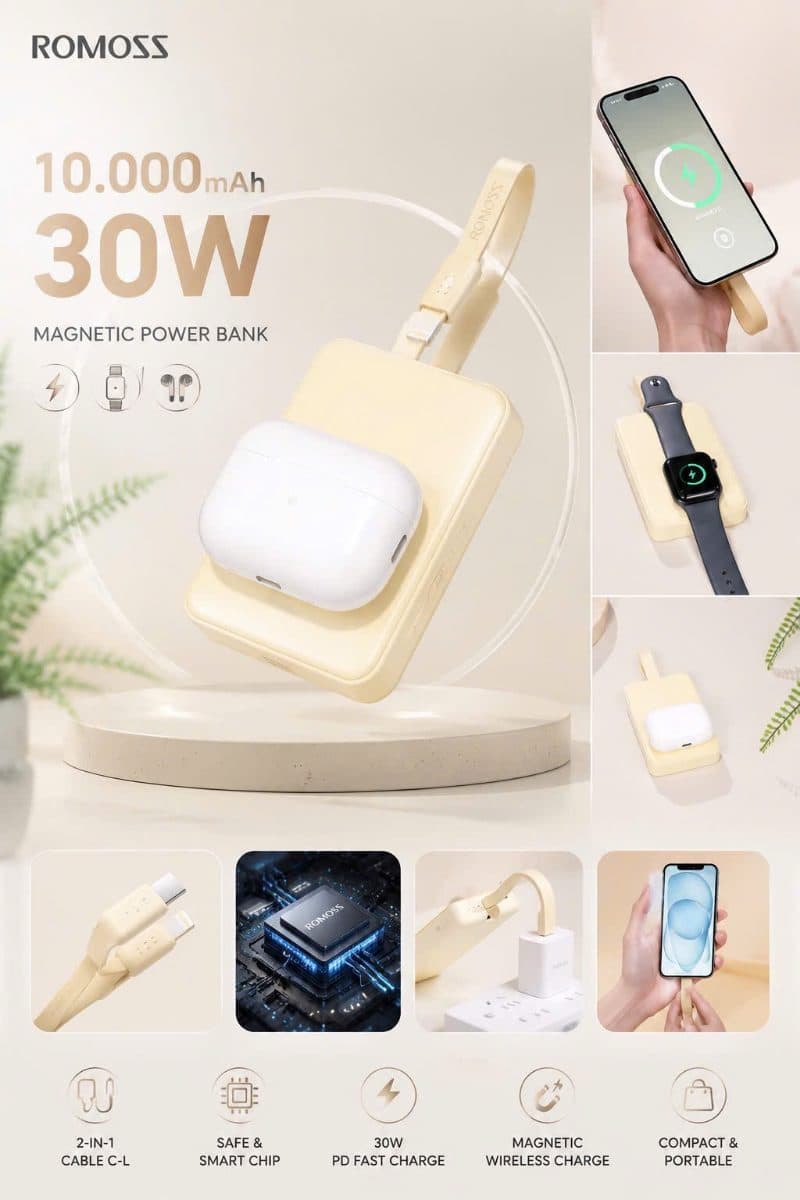 Sạc Dự Phòng MagSafe ROMOSS 10.000mAh 30W - Sạc đồng hồ + airpod, kèm dây C-L (NoBox - Màu Xanh)