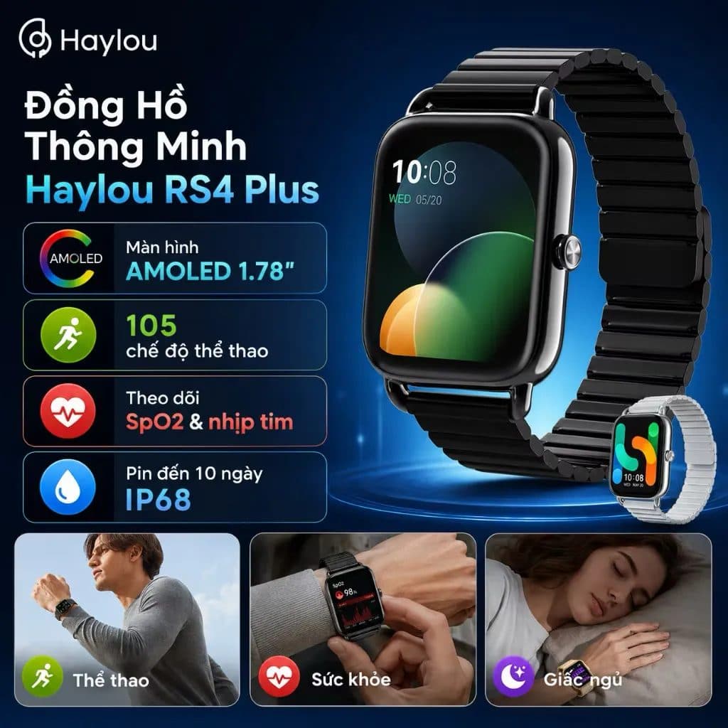 Đồng Hồ Thông Minh HAYLOU RS4 Plus - Phiên Bản quốc tế, 2 Dây (màu đen)